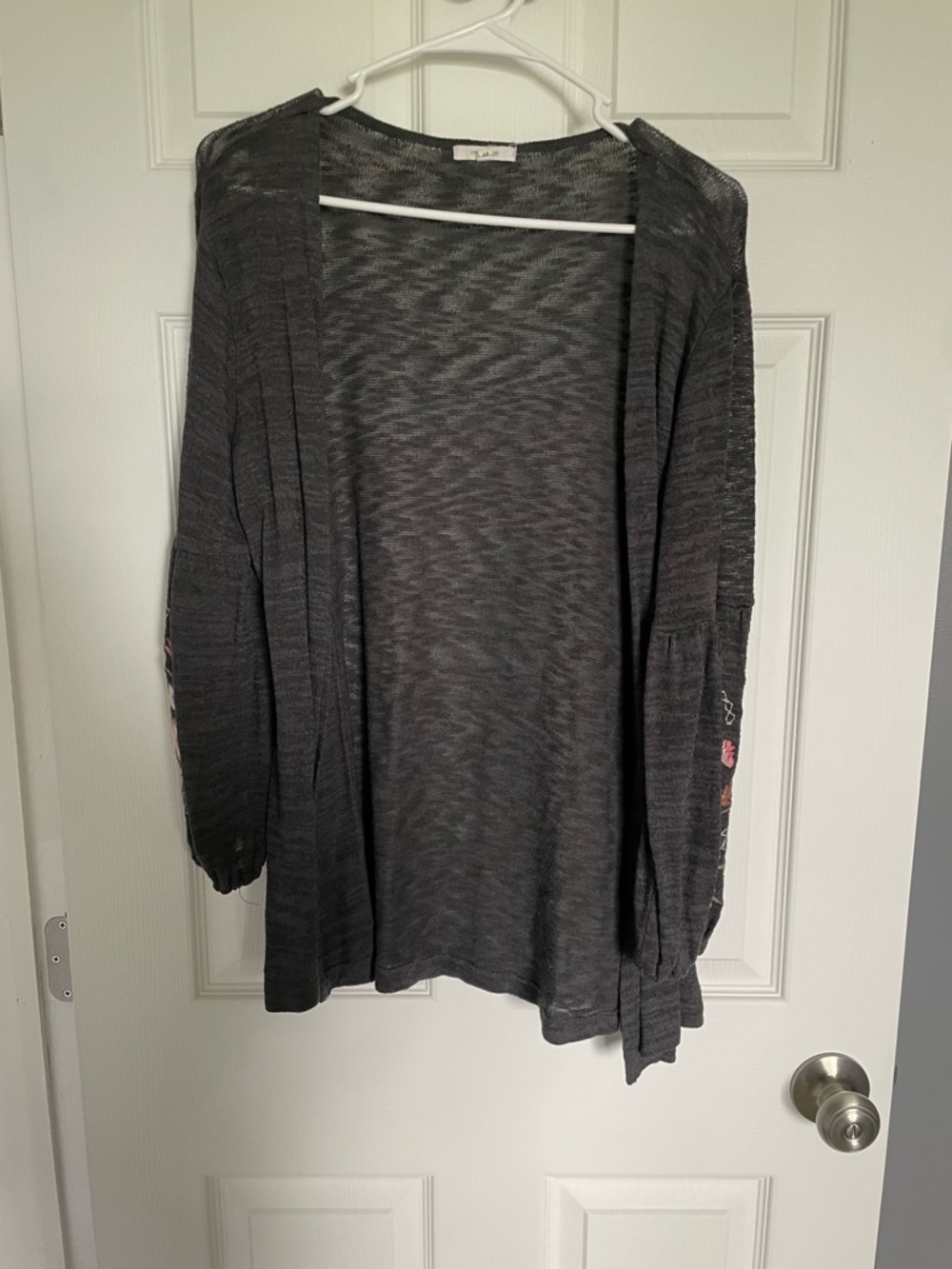 Maurices Dark Gray Open-Front Cardigan with Embroidered Sleeves